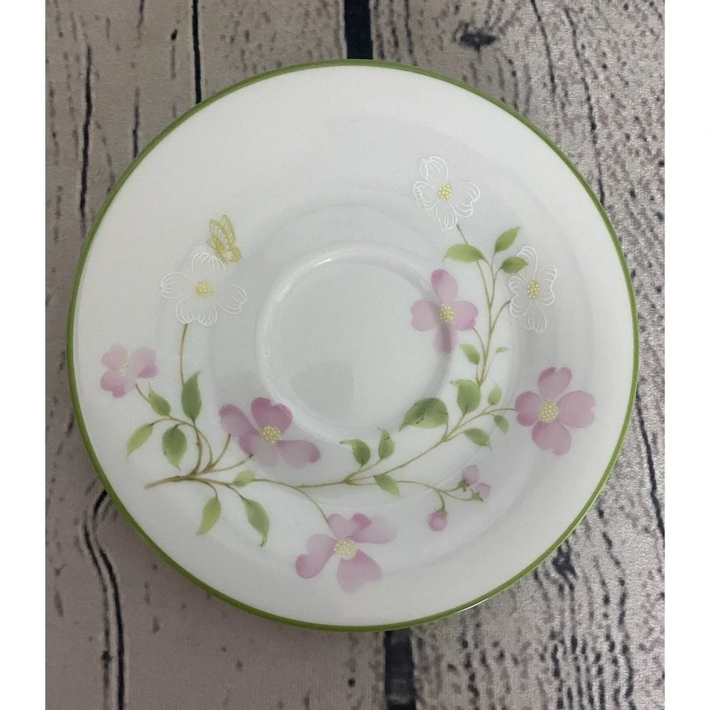 Noritake First Blush Tea Cup Saucer Set Of 4Pink & White Flower Green Trim #2605